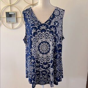 Westport woman’s Mandala Floral Navy blue sleeveless top, crisscross back, 2X